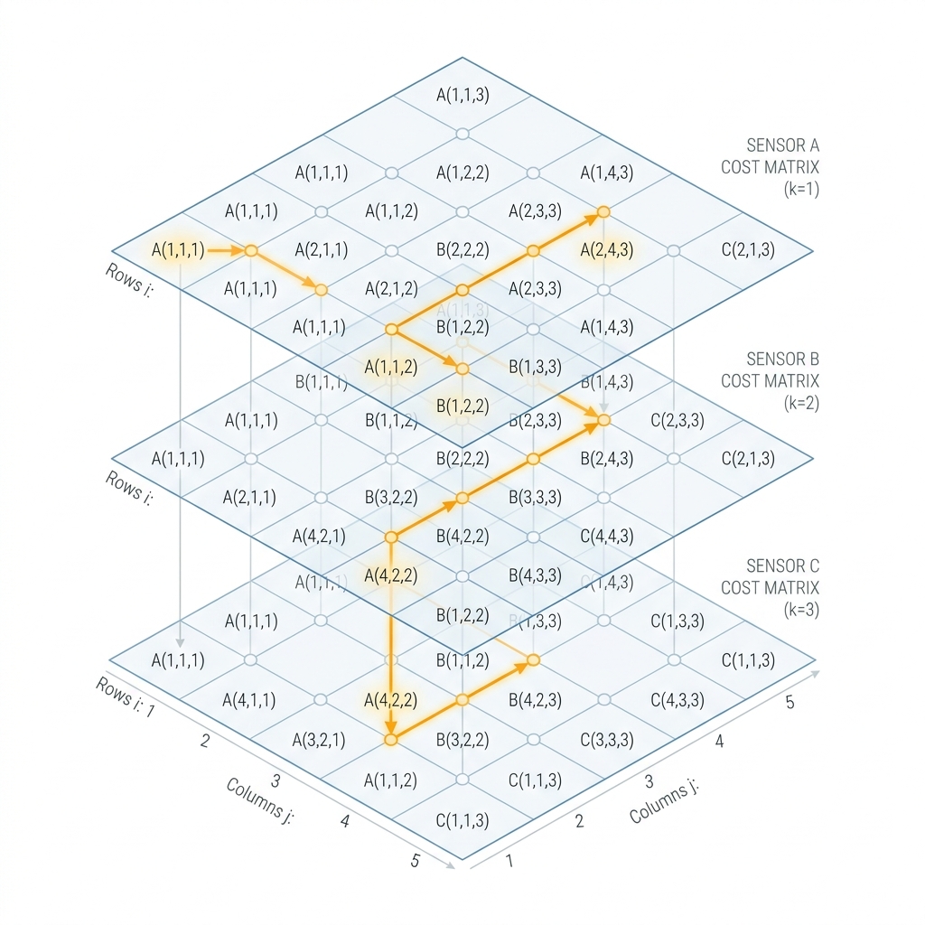 Multi-dimensional assignment: a per-sensor cost layer with one selected assignment per object