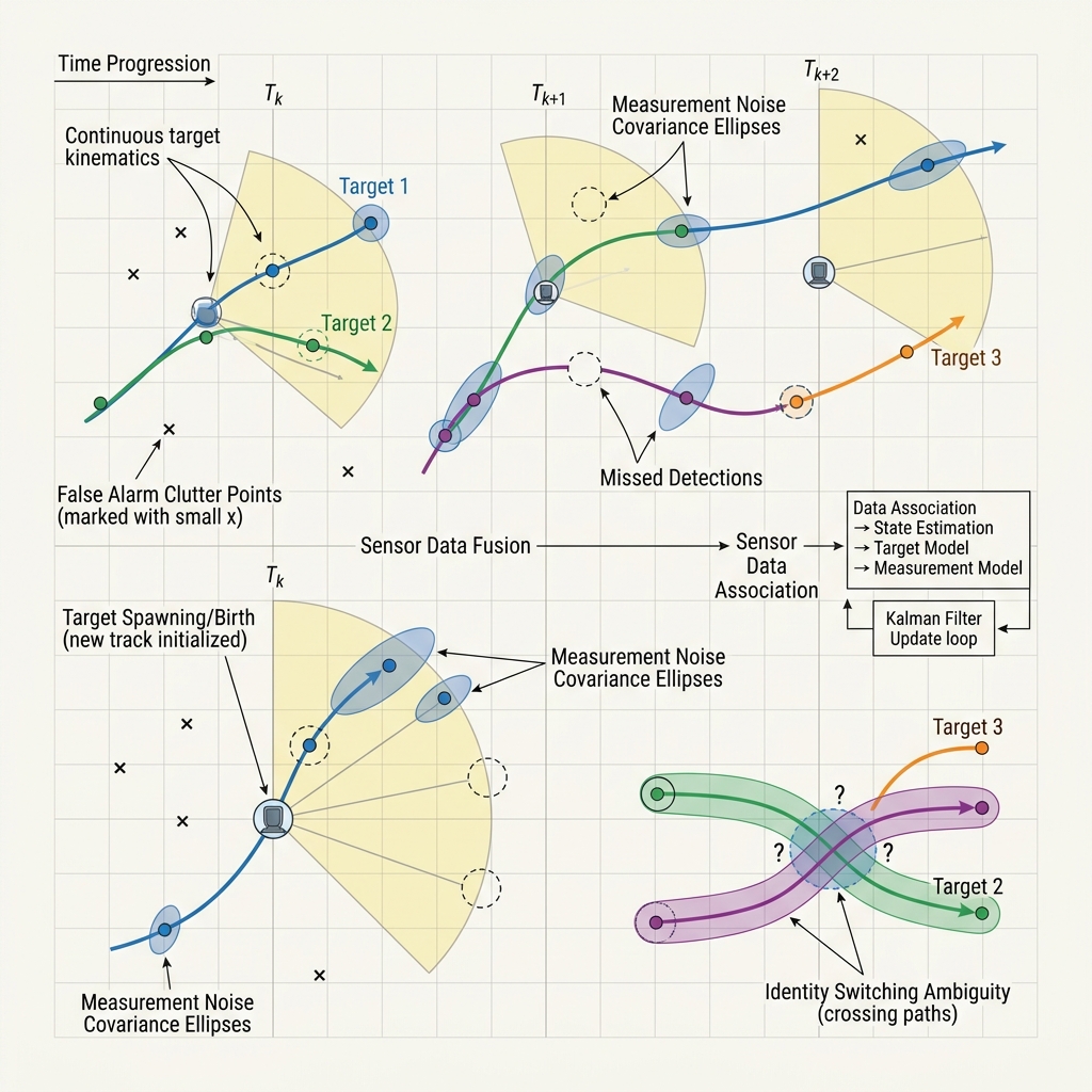 The multi-object tracking problem: trajectories, detections, false alarms and missed detections